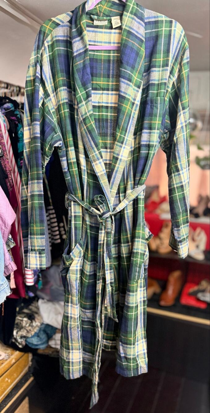 L.L.Bean Mens Large Regular Plaid Flannel Robe Cotton Green Blue Belted